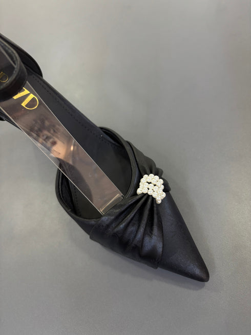 Ladies Elegant Pearl Decor Bow Pointy Toe Heel